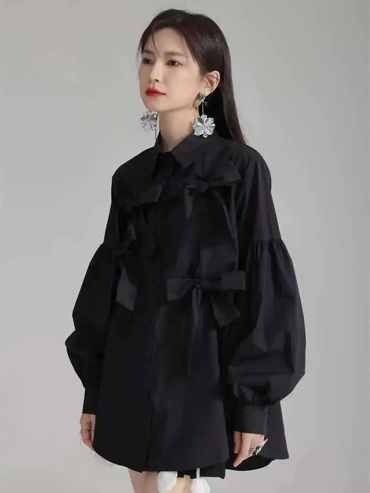 Women White Bow Spliced Big Size Elegant Blouse New Lapel Long Sleeve Shirt Fashion Tide Spring Autumn 2025 1DH5705