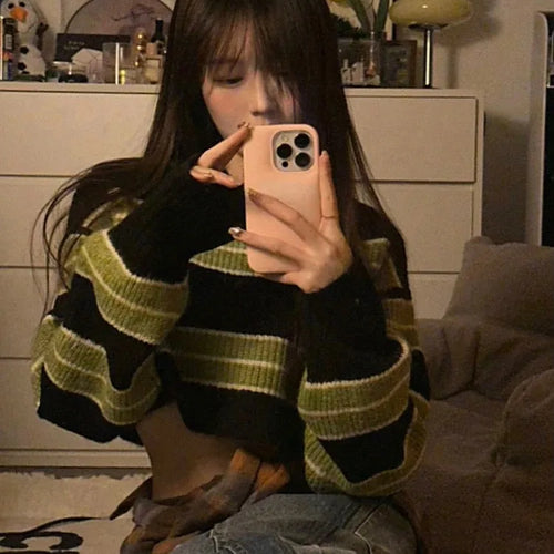 Load image into Gallery viewer, Y2k Sexy Girl Cropped Sweater Women Thin Loose Striped Pullover Korean Fashion Harajuku Streetwear Vintage Jumper Fairy Sueter

