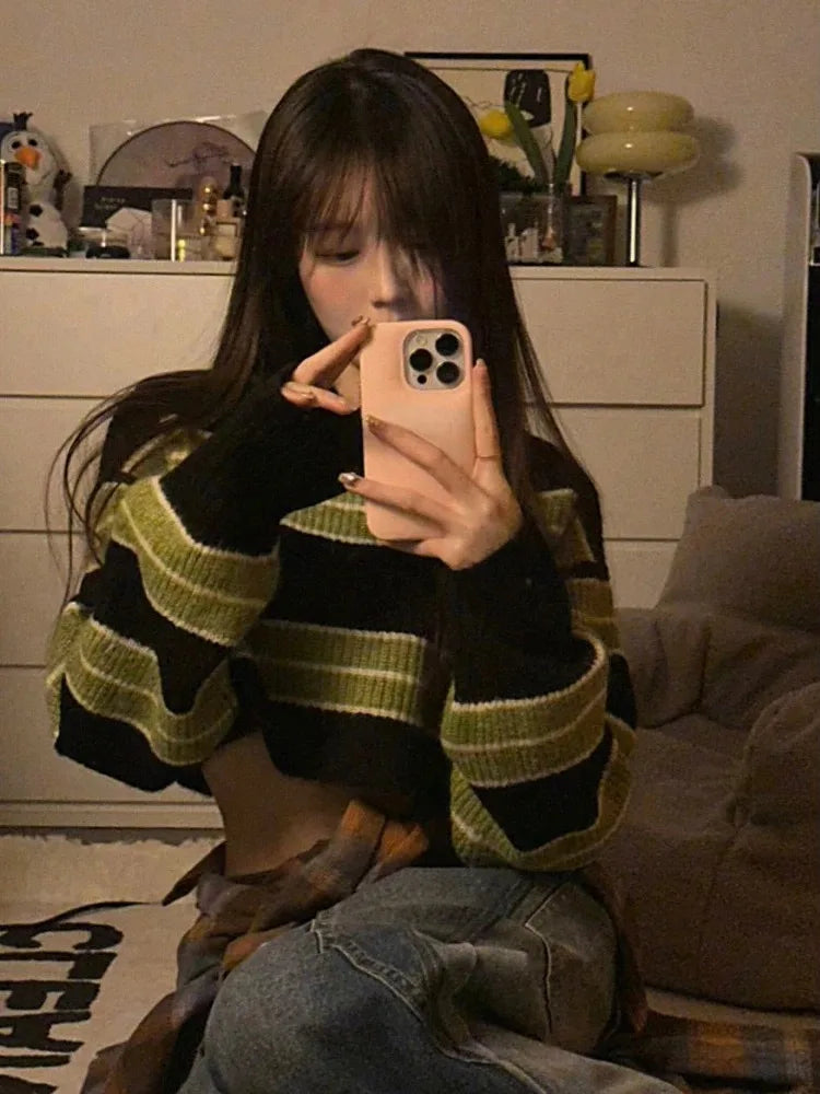 Y2k Sexy Girl Cropped Sweater Women Thin Loose Striped Pullover Korean Fashion Harajuku Streetwear Vintage Jumper Fairy Sueter