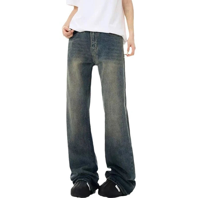 Men American Style Jeans High Street Washed Solid Color Highed Waisted Wide Leg Loose Flared Handsome Trousers 9W1489