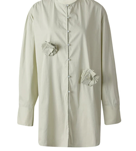 Women Light Green 3d Flower Big Size Blouse New Round Neck Long Sleeve Shirt Fashion Tide Spring Autumn 2025 CPG3308