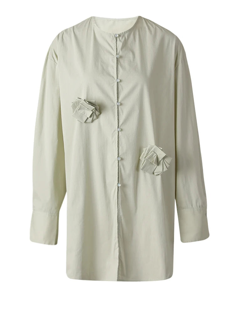 Women Light Green 3d Flower Big Size Blouse New Round Neck Long Sleeve Shirt Fashion Tide Spring Autumn 2025 CPG3308