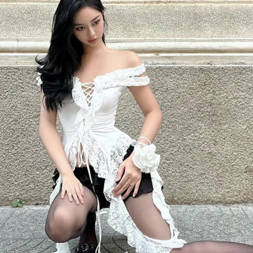 Load image into Gallery viewer, Sexy Hollow Out Bandage Streetwear T-shirts Y2k Aesthetic Irregular Lace Patchwork Tees Harajuku Vintage Slash Neck Tops Women
