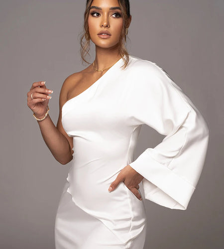 Elegant Long Sleeved Party Evening Dress for Women, Flared Sleeves, Single Shoulder Bodycon, Maxi Dress, Backless Gown