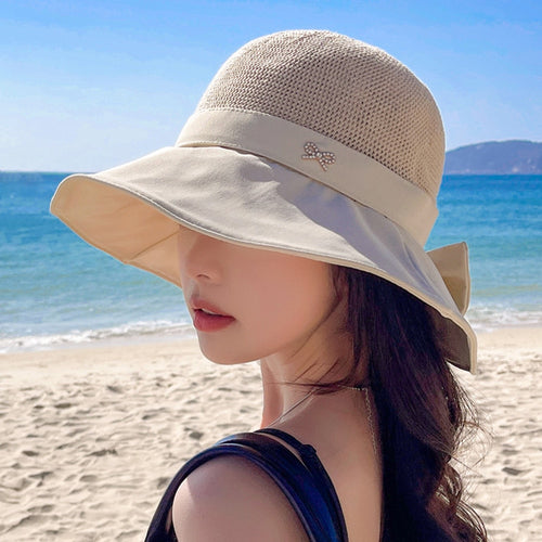 Load image into Gallery viewer, Women&#39;s Summer Sun Cap Fashion Hollow Bow Design Sun Hat Female Travel Beach Bucket Hat
