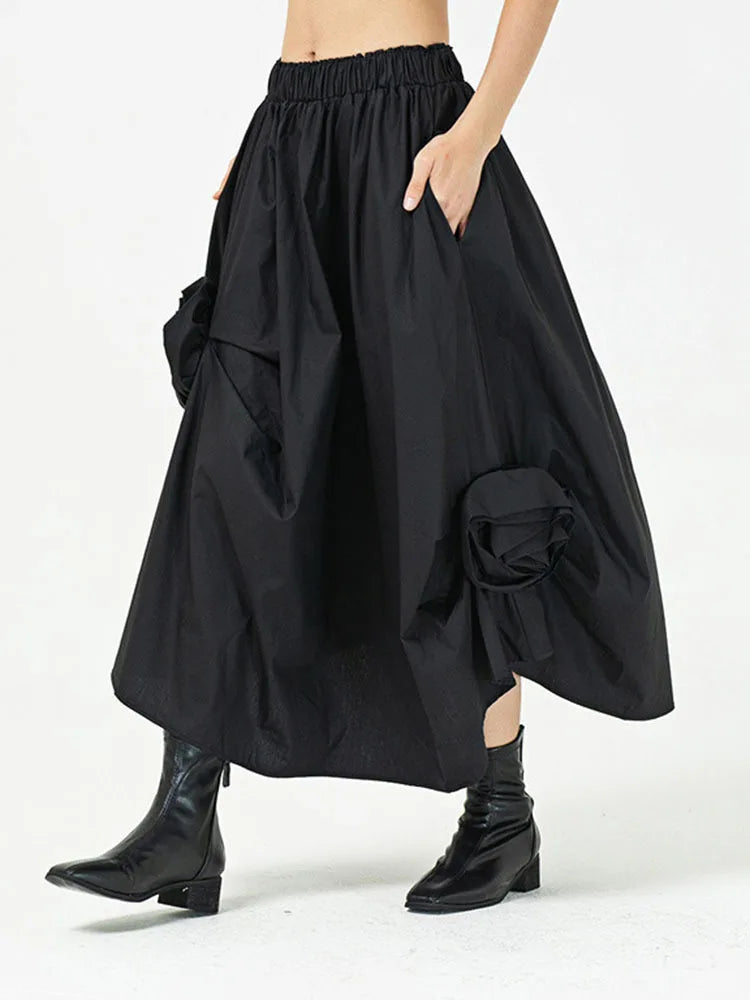 Women Black Flower Irregular Pleated Half-body Skirt High Elastic Waist Loose Fashion Tide New Spring Summer 2025 1DF9179