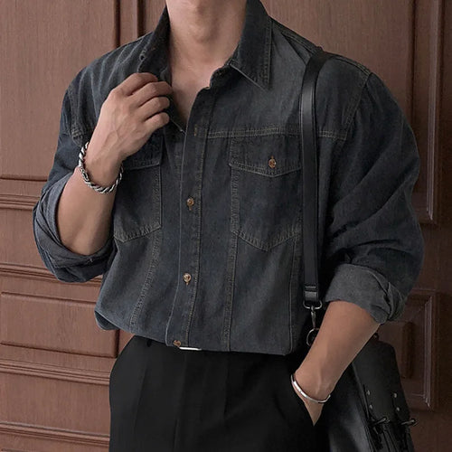 Load image into Gallery viewer, Men&#39;s Denim Shirt Solid Color Male Spring Single Breasted Shirts New Korean Turn-down Collar Loose Trendy Top 9W1450
