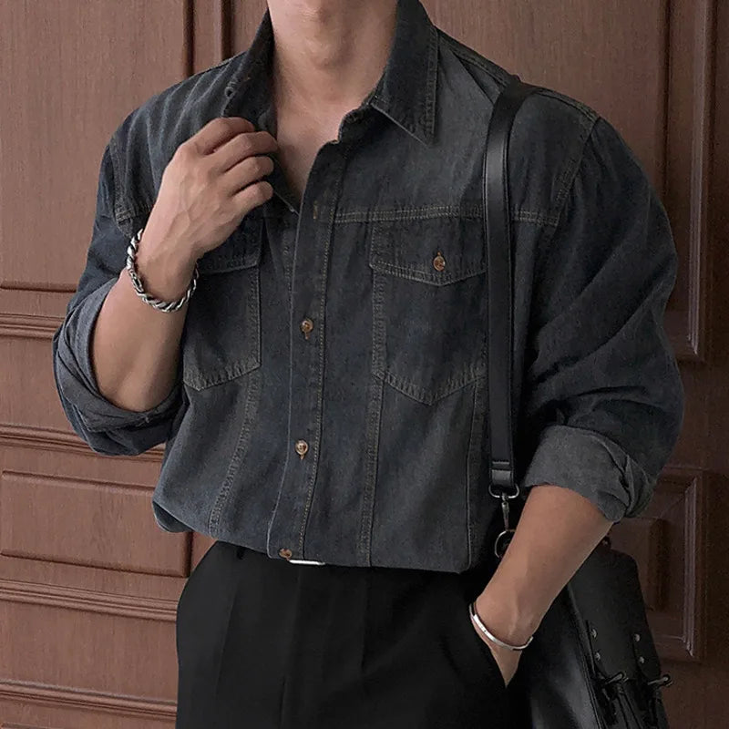 Men's Denim Shirt Solid Color Male Spring Single Breasted Shirts New Korean Turn-down Collar Loose Trendy Top 9W1450