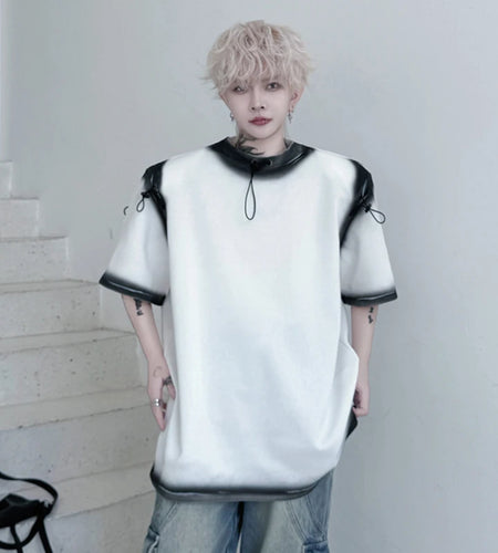 Men's T-shirts New Summer Round Neck Spray Painting Drawstring Decoration Loose Male Short Sleeve Causal Clothing 9W1796