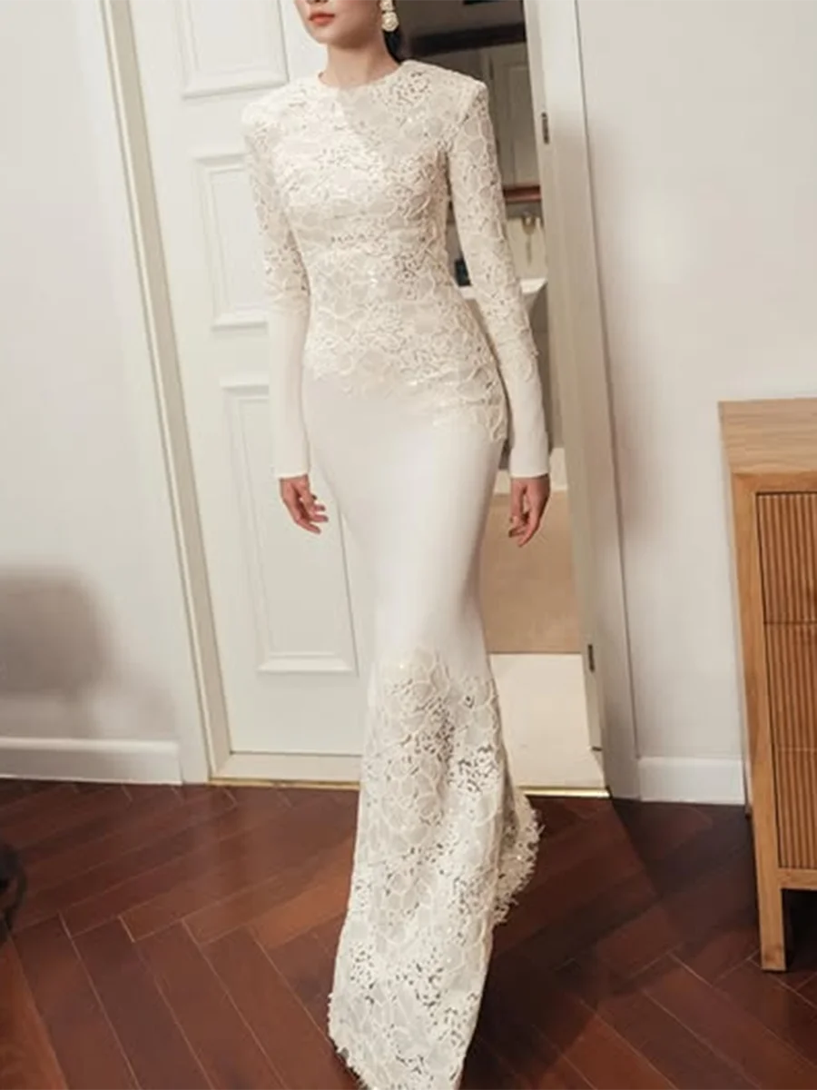 Solid Hollow Out Slimming Dresses For Women O Neck Long Sleeve Slimming Temperament Dress Female Fashion Style New