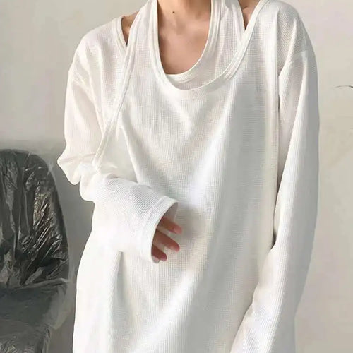 Load image into Gallery viewer, Women White Irregular False Two Big Size Casual T-shirt New Round Neck Long Sleeve Fashion Tide Spring Autumn 2025 1DF8508
