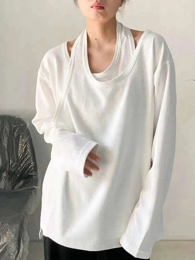 Women White Irregular False Two Big Size Casual T-shirt New Round Neck Long Sleeve Fashion Tide Spring Autumn 2025 1DF8508