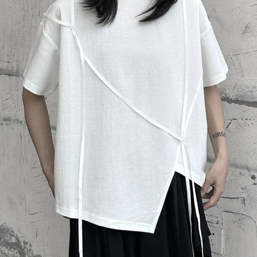 Load image into Gallery viewer, Women White String Desgin Big Size Casual T-shirt New Round Neck Short Sleeve Fashion Tide Spring Summer 2025 1DF9658
