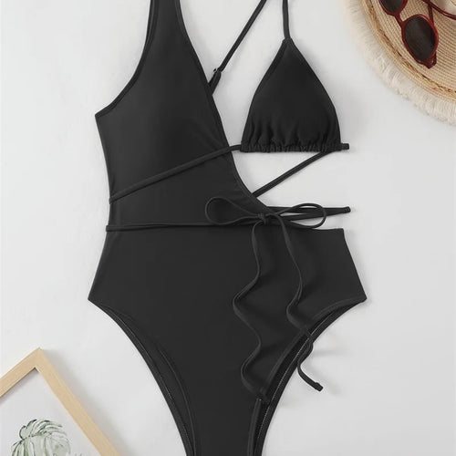 Load image into Gallery viewer, Asymmetric Cut Out Wrap Around One Piece Swimsuit Women Swimwear Sexy High Cut Bathing Suit High Waist Monokini
