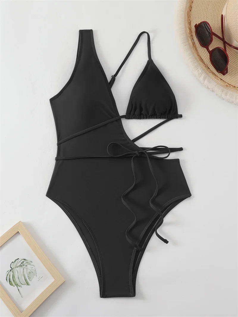 Asymmetric Cut Out Wrap Around One Piece Swimsuit Women Swimwear Sexy High Cut Bathing Suit High Waist Monokini