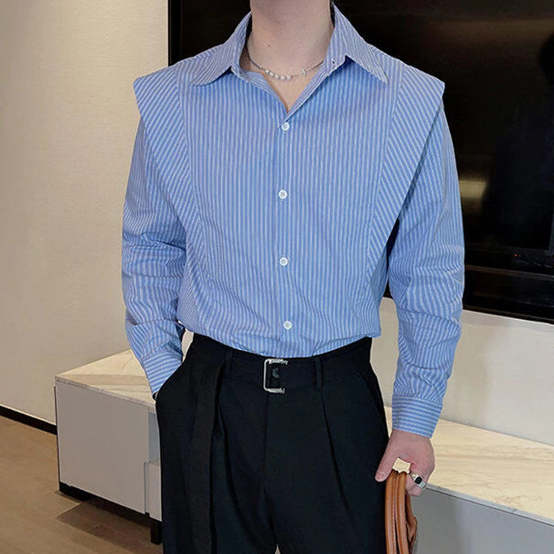Men's Long Sleeved Shirts Spring Korean Striped Casual Design Male Turn-down Collar Fake Two-piece Patchwork Shirt 9W1416