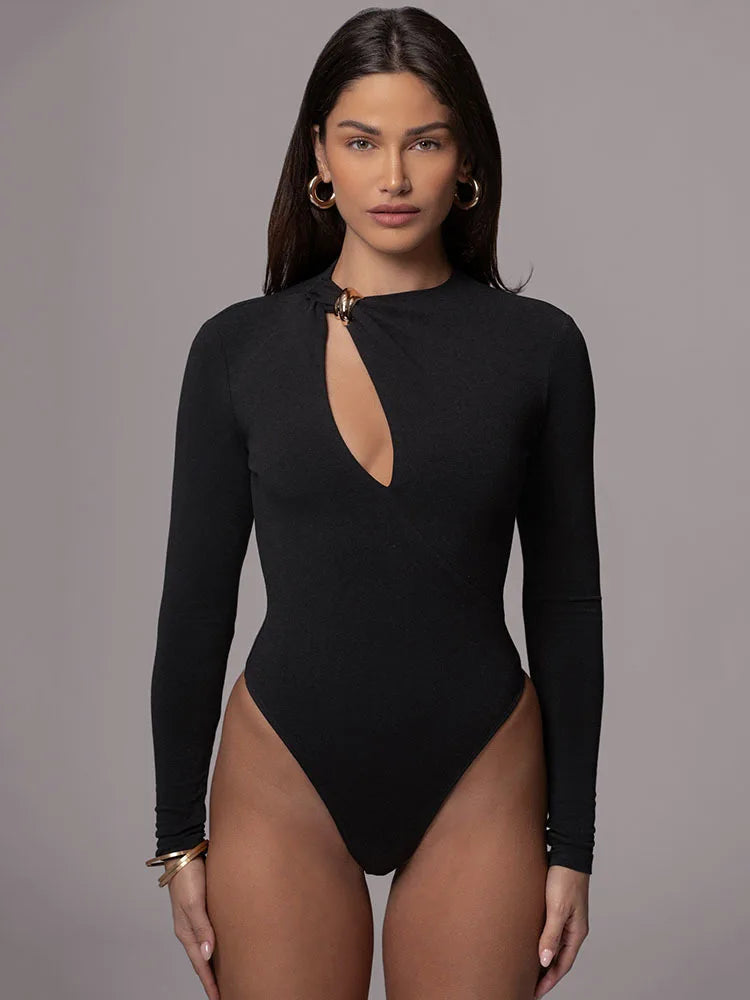 Sexy Hollow Out Long Sleeved High Elasticity Tight Fitting Bodysuit Women Irregular Jumpsuit Casual Party Club Rompers