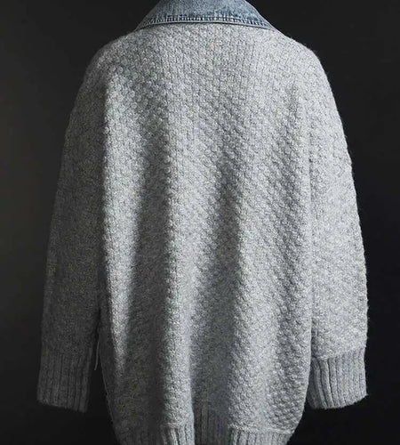 Gray Denim Irregular Big Size Knitting Cardigan Sweater Lapel Long Sleeve Women New Fashion Autumn Winter 2025 1DH5636