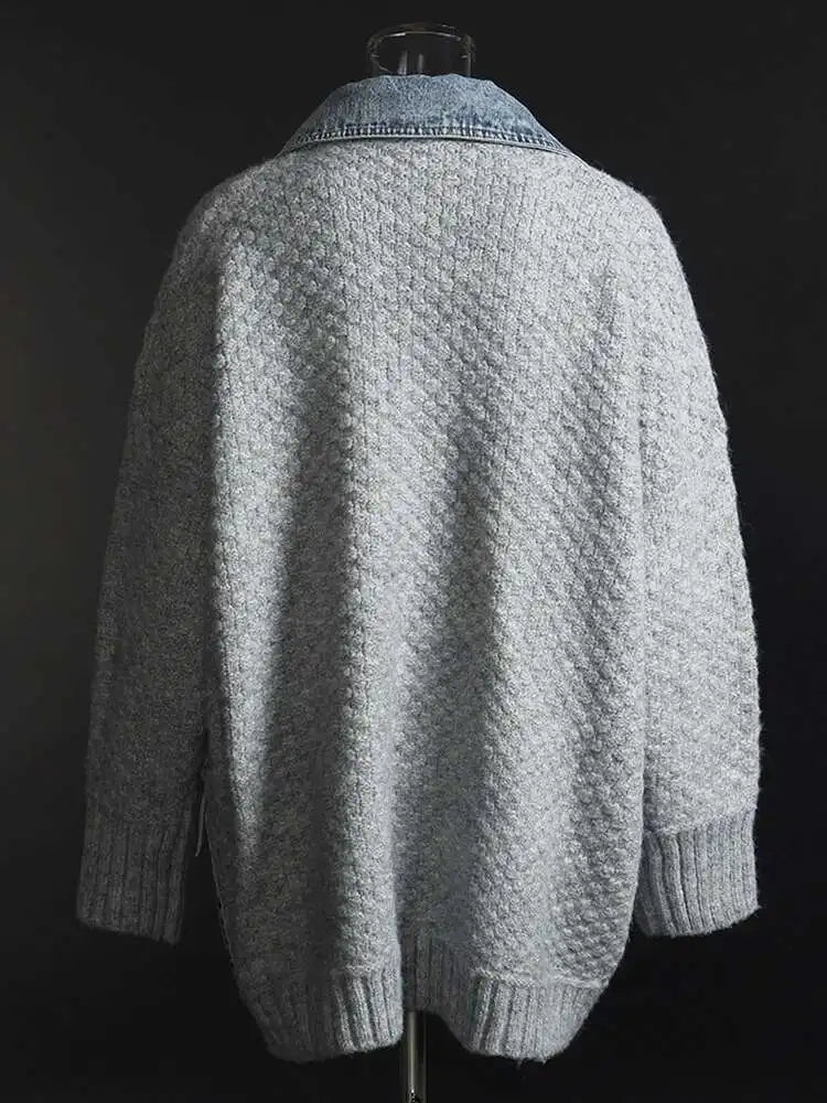 Gray Denim Irregular Big Size Knitting Cardigan Sweater Lapel Long Sleeve Women New Fashion Autumn Winter 2025 1DH5636