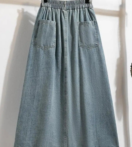 Korean Vintage Blue Single Breasted Vacation Pleated Denim Skirt Women's 2024 Autumn Winter Elegant High Waist Jean Long Skirts