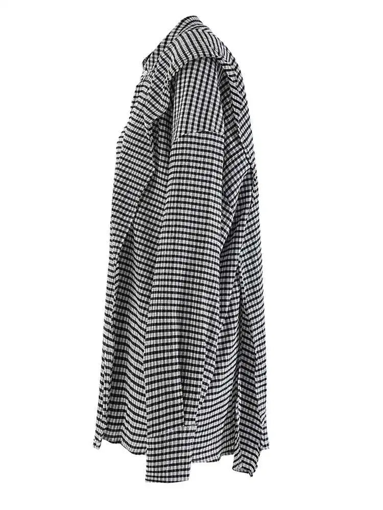 Women Black Plaid Vintage Big Size Irregular Blouse New Lapel Long Sleeve Shirt Fashion Tide Spring Autumn 2025 CPG2243