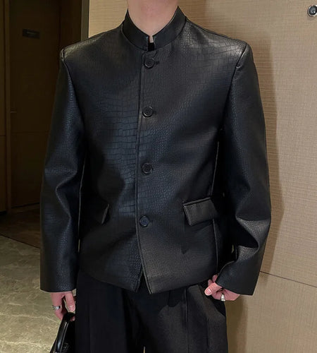 Spring Men's Suit Coat New Chinese Male Solid Color PU Leather Stand Collar Design Single Breasted Stylish Jacket 9W1419