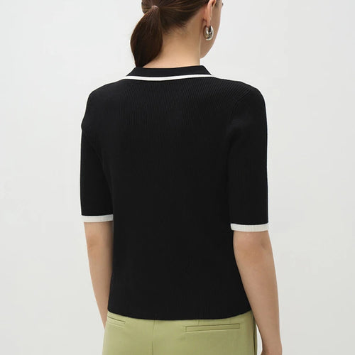 Load image into Gallery viewer, Short Sleeve Knit T-shirt Women Sweater Pullovers Summer Female Patchwork Ribbed Lapel Slim Knitted Tops Sweaters
