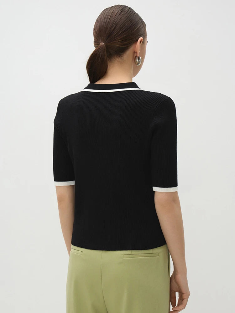 Short Sleeve Knit T-shirt Women Sweater Pullovers Summer Female Patchwork Ribbed Lapel Slim Knitted Tops Sweaters
