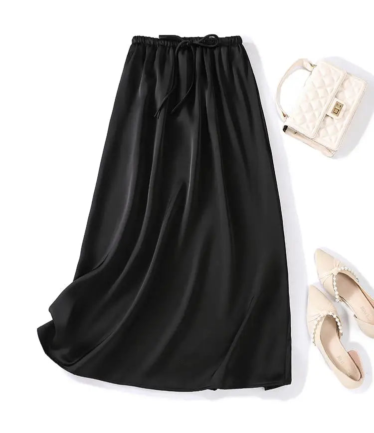 Summer Solid Casual High Waist Long Skirt Women's Korean Fashion Drawstring Lace-up Holiday Skirts 2024 Simplicity Popular Trend