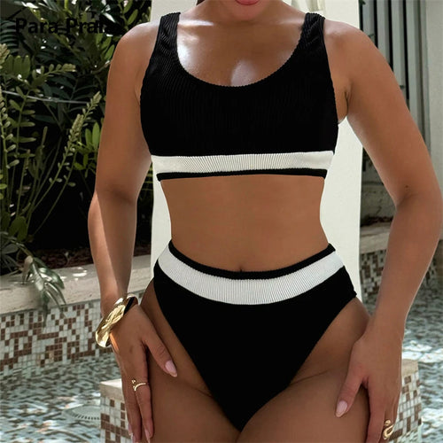 Load image into Gallery viewer, Patchwork Bandeau High Waist Bikini Set 2024 Bandage Swimwear Women Swimsuit Two Pieces Biquini Bathing Suit
