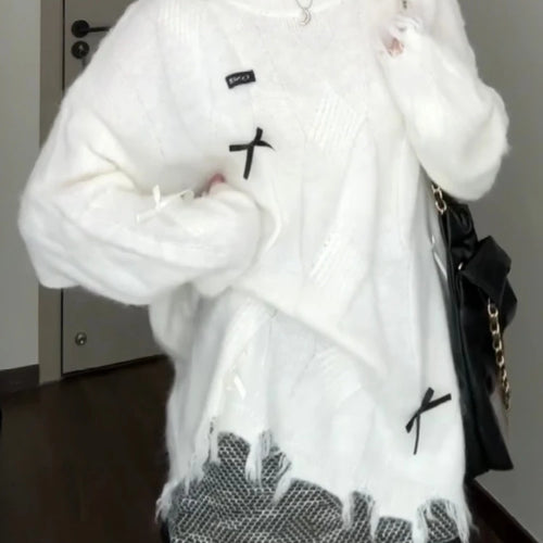 Load image into Gallery viewer, Y2k Aesthetic Hole Autumn Women Sweaters Casual Loose Bow Grunge Knitted Simple Pullovers 2025 Harajuku Solid Tops Pull Femme
