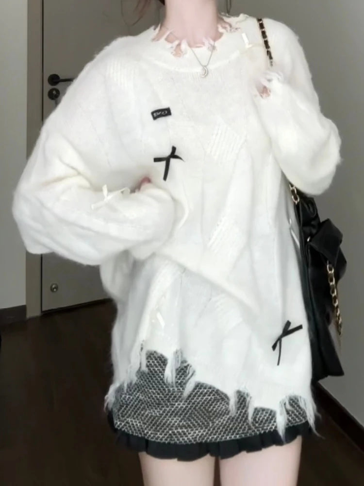 Y2k Aesthetic Hole Autumn Women Sweaters Casual Loose Bow Grunge Knitted Simple Pullovers 2025 Harajuku Solid Tops Pull Femme