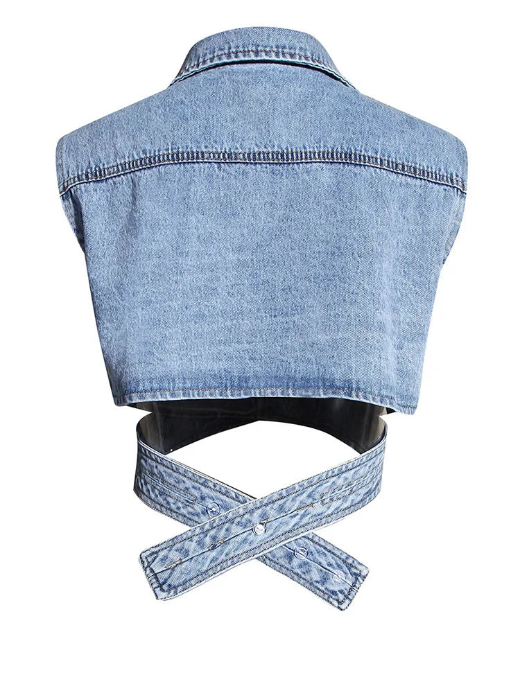 Women Blue Denim Irregular Blouse New Lapel Long Puff Sleeve Loose Fit Shirt Fashion Tide Spring Autumn 2025 1Z595