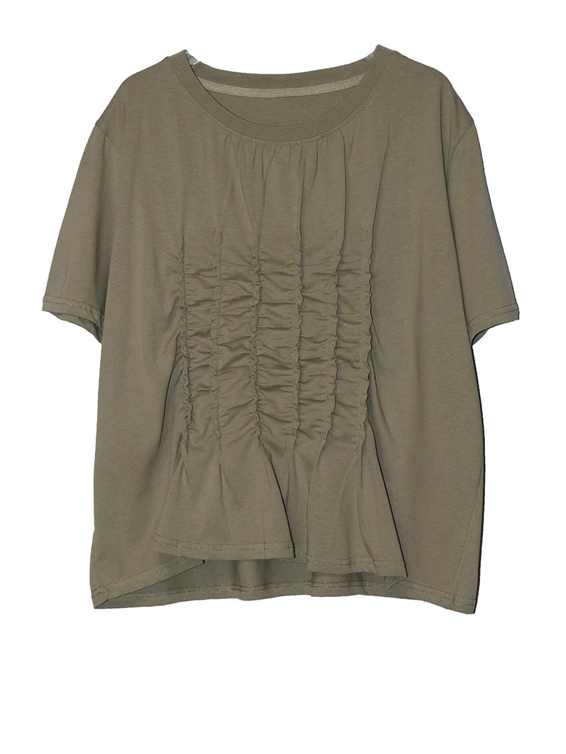 Women Black White Pleated Big Size Casual T-shirt New Round Neck Short Sleeve Fashion Tide Spring Summer 2025 1DJ1611