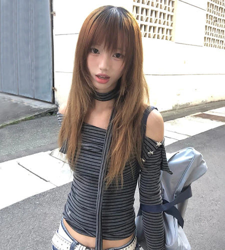 Japanese Y2k Off Shoulder Knitted Tops 2000s Style Long Sleeve Striped T-shirt With Scarf Vintage Harajuku Knitwear 90s