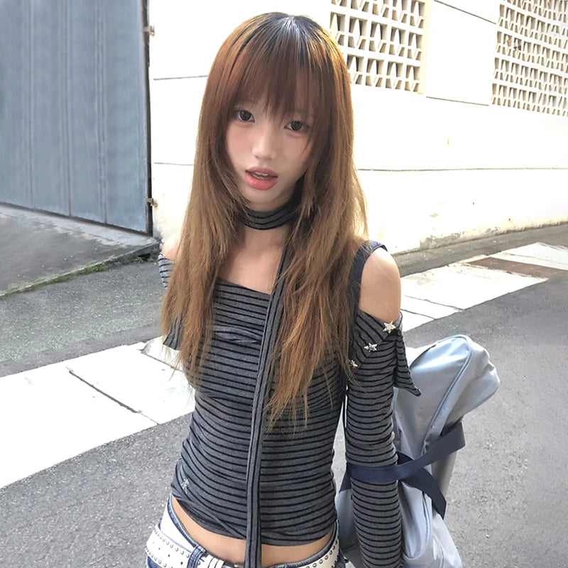 Japanese Y2k Off Shoulder Knitted Tops 2000s Style Long Sleeve Striped T-shirt With Scarf Vintage Harajuku Knitwear 90s