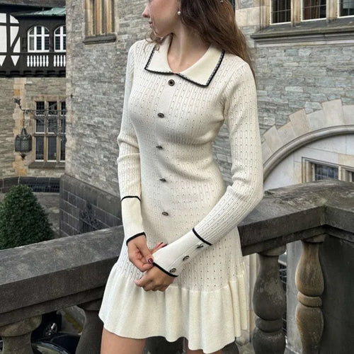 Load image into Gallery viewer, Elegant Knitted Sweater Button Elastic Slim Women Dress Lotus Leaf Edge Bodycon Long Sleeve Fall New 2024 Female Vestido
