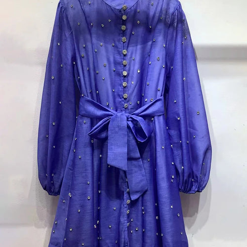 Load image into Gallery viewer, Solid Spliced Lace Up Loose Dresses For Women O Neck Long Sleeve High Waist Temperament Dress Female Clothes New
