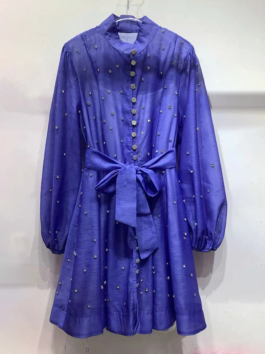 Solid Spliced Lace Up Loose Dresses For Women O Neck Long Sleeve High Waist Temperament Dress Female Clothes New