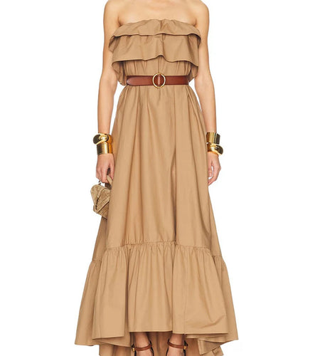 Solid Loose Spliced Ruffles Folds Casual Dresses for Women Strapless Sleeveless Minimalist Long Dress Female New