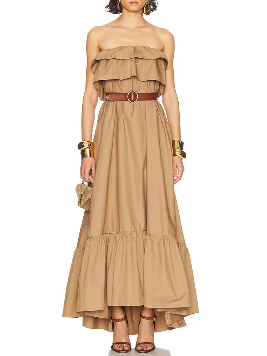 Solid Loose Spliced Ruffles Folds Casual Dresses for Women Strapless Sleeveless Minimalist Long Dress Female New