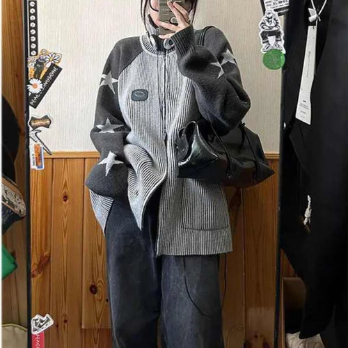 Load image into Gallery viewer, Y2k Harajuku Streetwear Star Graphics Sweaters Korean Grunge Zip Up Knitted Tops American Vintage Grey Cardigans Women
