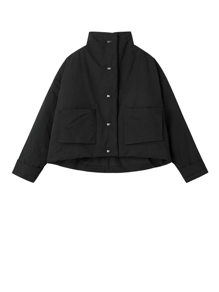 Black Warm Short Stand Collar Cotton-padded Coat Long Sleeve Loose Fit Women Parkas Fashion New Autumn Winter 2025 1DD1637