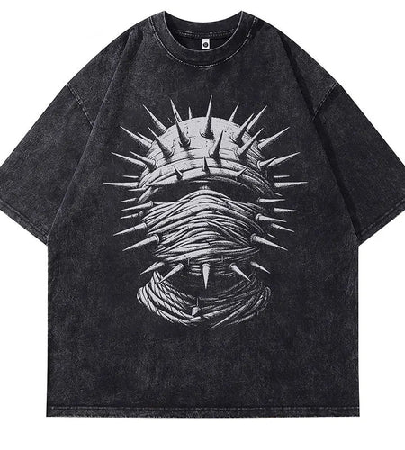 Vintage Black T-Shirt Chain Mask Graphic Print Punk Gothic Washed Tshirt Streetwear Men Hip Hop Loose Cotton 2024 Harajuku Tops