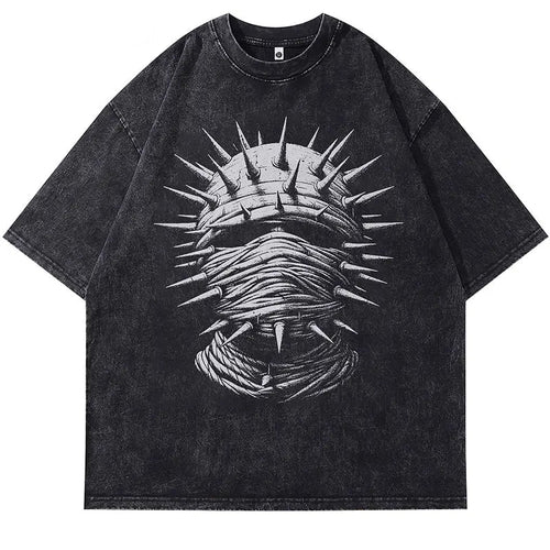 Load image into Gallery viewer, Vintage Black T-Shirt Chain Mask Graphic Print Punk Gothic Washed Tshirt Streetwear Men Hip Hop Loose Cotton 2024 Harajuku Tops
