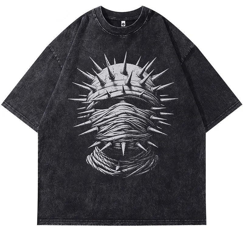 Vintage Black T-Shirt Chain Mask Graphic Print Punk Gothic Washed Tshirt Streetwear Men Hip Hop Loose Cotton 2024 Harajuku Tops