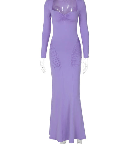 Elegant Solid Long Sleeve Square Collar Ruched Sexy Bodycon Maxi Prom Dress Fall Women Outfits Evening Party Vacation