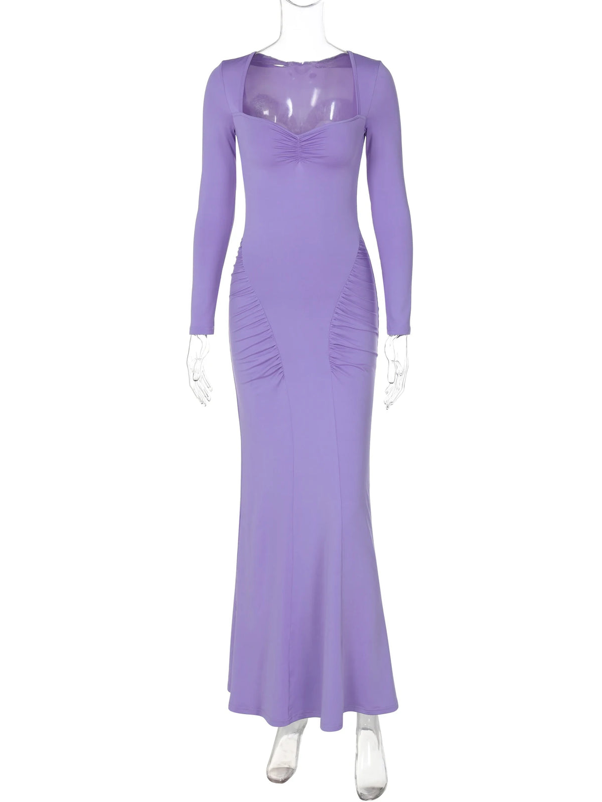 Elegant Solid Long Sleeve Square Collar Ruched Sexy Bodycon Maxi Prom Dress Fall Women Outfits Evening Party Vacation