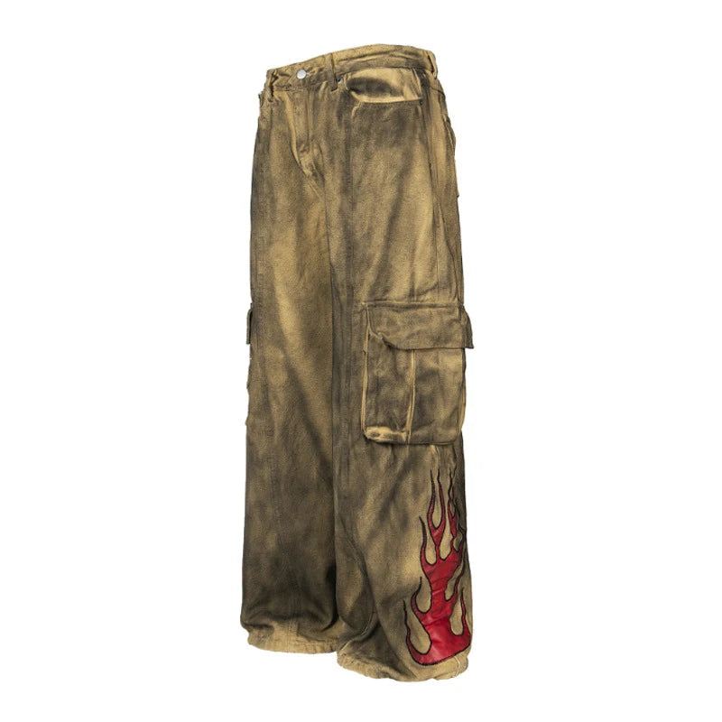 Men's Cargo Pants New American Style Tie Dye Dirty Flame Pattern Washed Straight Wide Leg Male Trousers Summer 9W1787