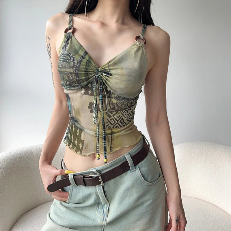 Grunge Fairycore Sexy Mesh Top Strap Drawstring Printed Transparent Summer Crop Tops Women Camisole 2000s Aesthetic